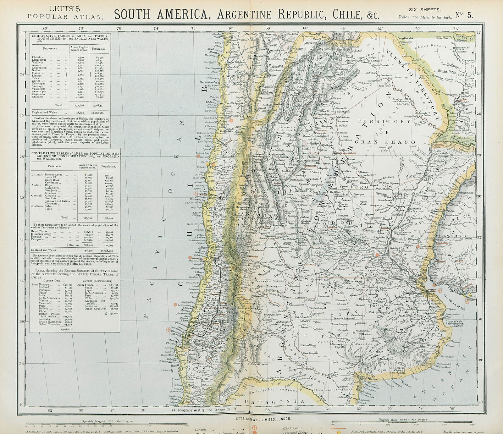 SOUTH AMERICA. Chile Argentina. Lighthouses British Consuls. LETTS 1883 map